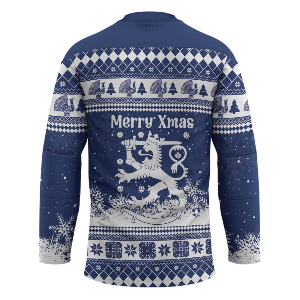 Finland Christmas Hannunvaakuna Hockey Jersey Hyvaa Joulua Nordic Snow Lion Blue Version - Wonder Print Shop