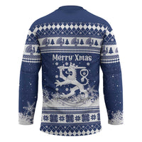 Finland Christmas Hannunvaakuna Hockey Jersey Hyvaa Joulua Nordic Snow Lion Blue Version - Wonder Print Shop