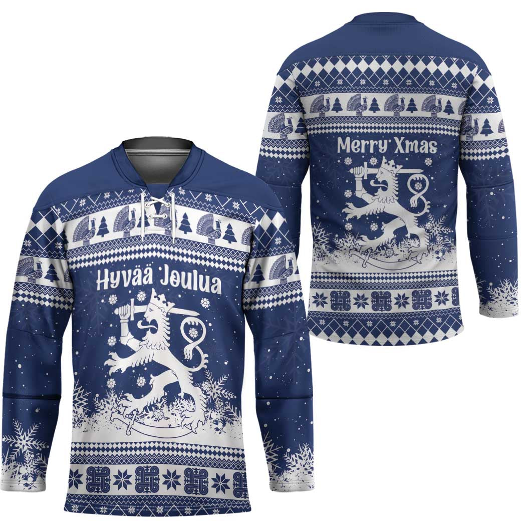 Finland Christmas Hannunvaakuna Hockey Jersey Hyvaa Joulua Nordic Snow Lion Blue Version - Wonder Print Shop