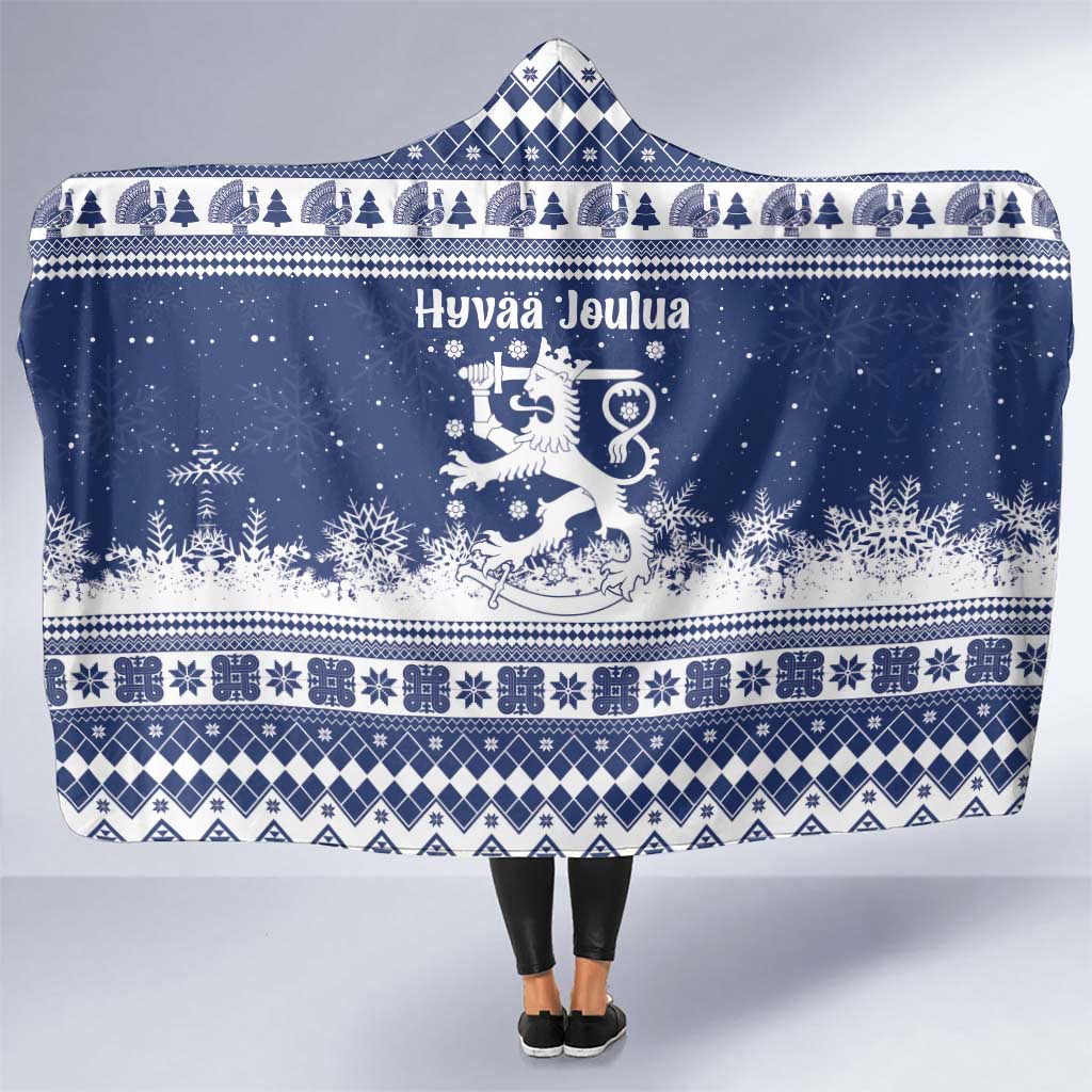 Finland Christmas Hannunvaakuna Hooded Blanket Hyvaa Joulua Nordic Snow Lion Blue Version - Wonder Print Shop