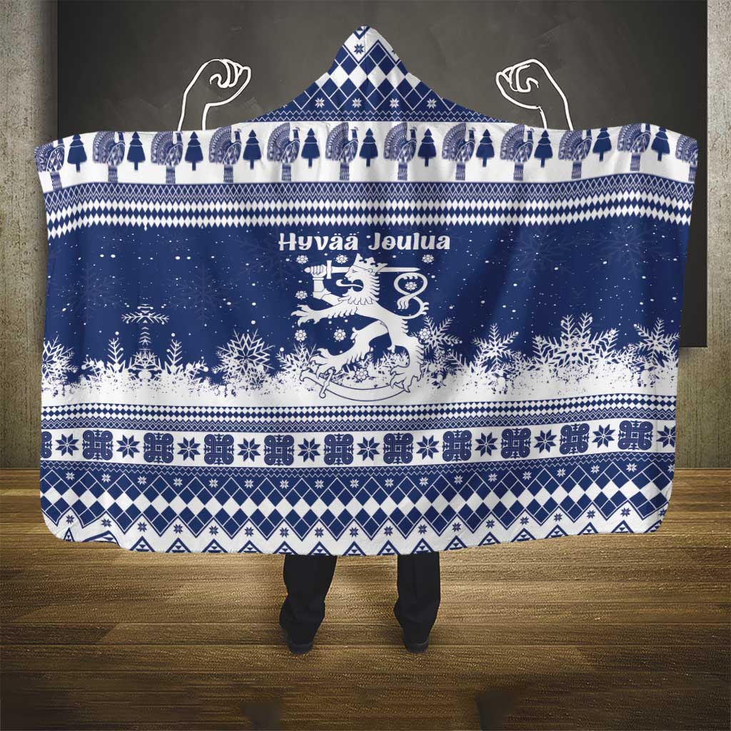 Finland Christmas Hannunvaakuna Hooded Blanket Hyvaa Joulua Nordic Snow Lion Blue Version - Wonder Print Shop