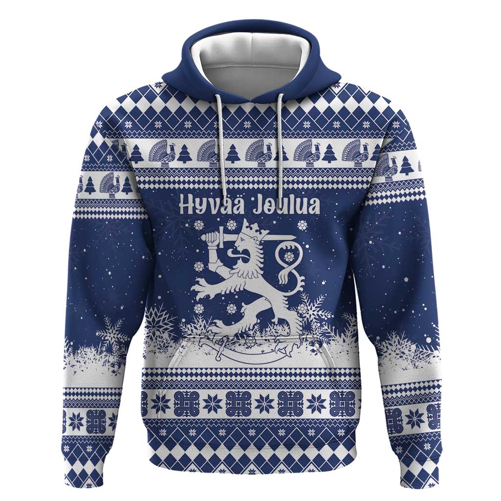 Finland Christmas Hannunvaakuna Hoodie Hyvaa Joulua Nordic Snow Lion Blue Version - Wonder Print Shop
