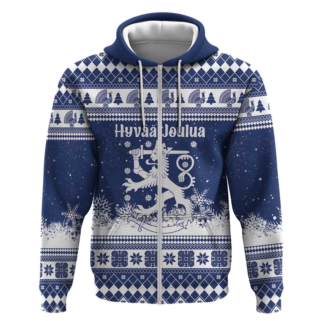 Finland Christmas Hannunvaakuna Hoodie Hyvaa Joulua Nordic Snow Lion Blue Version - Wonder Print Shop