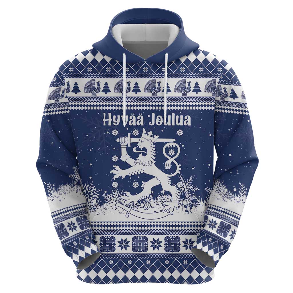Finland Christmas Hannunvaakuna Hoodie Hyvaa Joulua Nordic Snow Lion Blue Version - Wonder Print Shop