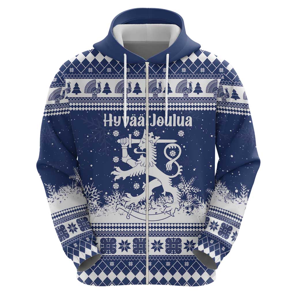Finland Christmas Hannunvaakuna Hoodie Hyvaa Joulua Nordic Snow Lion Blue Version - Wonder Print Shop