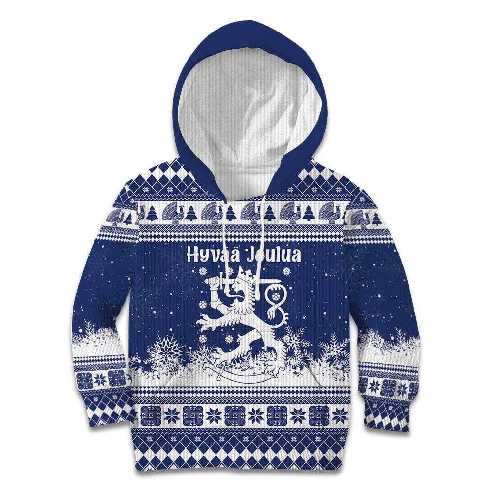 Finland Christmas Hannunvaakuna Kid Hoodie Hyvaa Joulua Nordic Snow Lion Blue Version - Wonder Print Shop