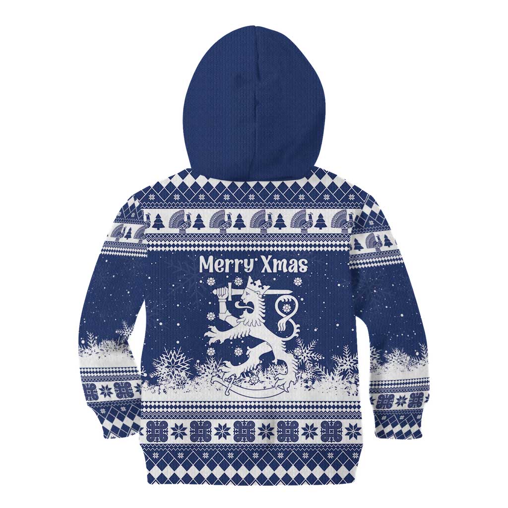 Finland Christmas Hannunvaakuna Kid Hoodie Hyvaa Joulua Nordic Snow Lion Blue Version - Wonder Print Shop