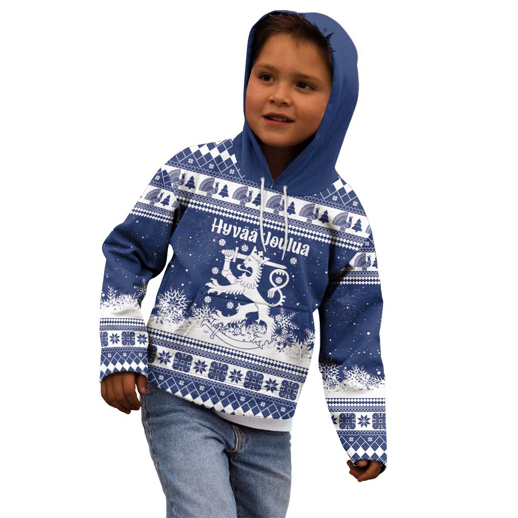 Finland Christmas Hannunvaakuna Kid Hoodie Hyvaa Joulua Nordic Snow Lion Blue Version - Wonder Print Shop