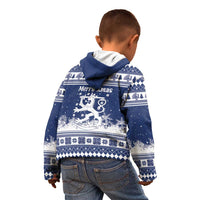 Finland Christmas Hannunvaakuna Kid Hoodie Hyvaa Joulua Nordic Snow Lion Blue Version - Wonder Print Shop