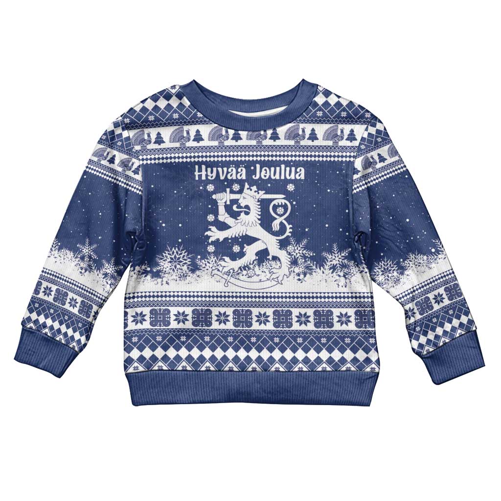 Finland Christmas Hannunvaakuna Kid Ugly Christmas Sweater Hyvaa Joulua Nordic Snow Lion Blue Version - Wonder Print Shop