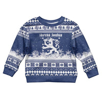 Finland Christmas Hannunvaakuna Kid Ugly Christmas Sweater Hyvaa Joulua Nordic Snow Lion Blue Version - Wonder Print Shop
