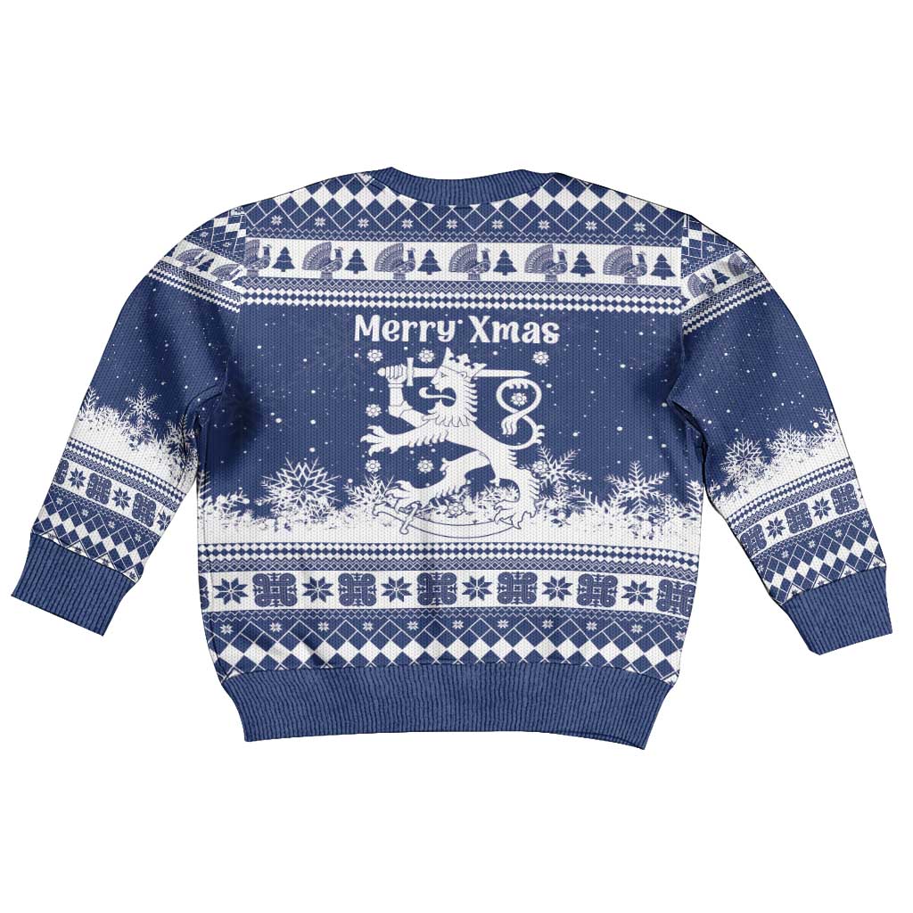 Finland Christmas Hannunvaakuna Kid Ugly Christmas Sweater Hyvaa Joulua Nordic Snow Lion Blue Version - Wonder Print Shop