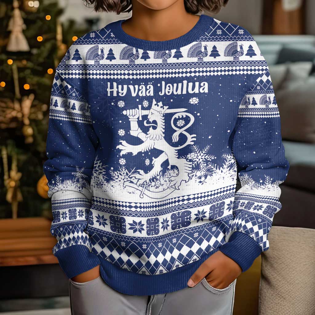 Finland Christmas Hannunvaakuna Kid Ugly Christmas Sweater Hyvaa Joulua Nordic Snow Lion Blue Version - Wonder Print Shop