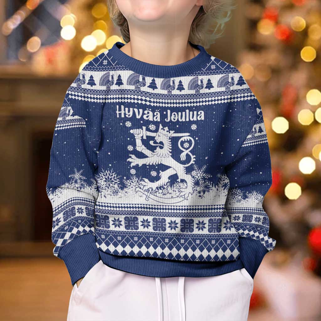 Finland Christmas Hannunvaakuna Kid Ugly Christmas Sweater Hyvaa Joulua Nordic Snow Lion Blue Version - Wonder Print Shop
