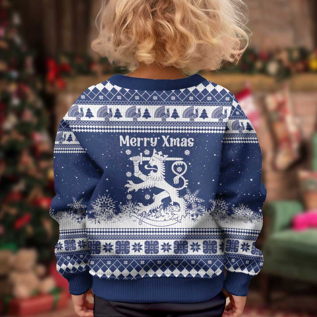 Finland Christmas Hannunvaakuna Kid Ugly Christmas Sweater Hyvaa Joulua Nordic Snow Lion Blue Version - Wonder Print Shop