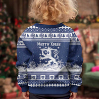 Finland Christmas Hannunvaakuna Kid Ugly Christmas Sweater Hyvaa Joulua Nordic Snow Lion Blue Version - Wonder Print Shop