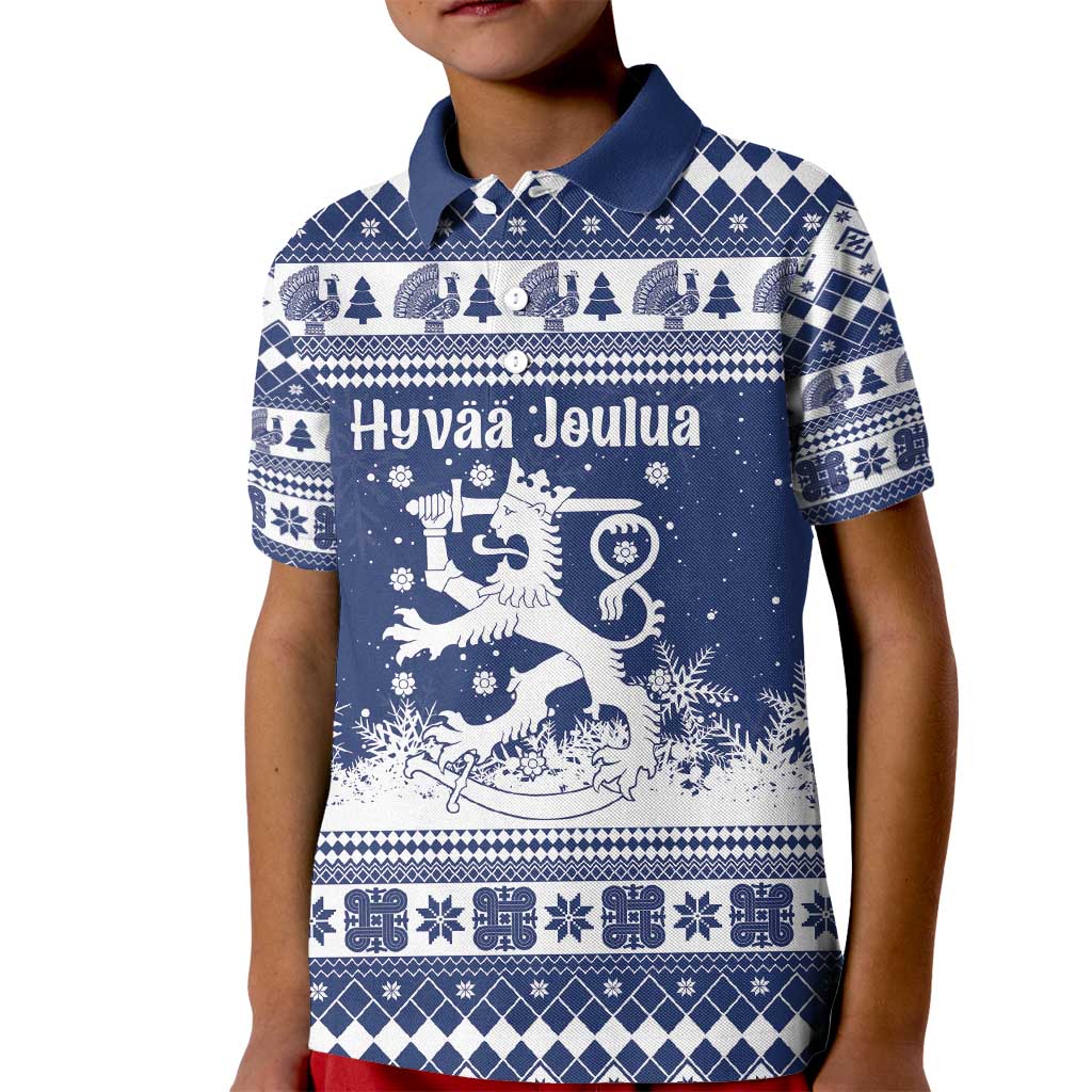 Finland Christmas Hannunvaakuna Kid Polo Shirt Hyvaa Joulua Nordic Snow Lion Blue Version - Wonder Print Shop