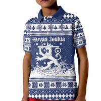 Finland Christmas Hannunvaakuna Kid Polo Shirt Hyvaa Joulua Nordic Snow Lion Blue Version - Wonder Print Shop