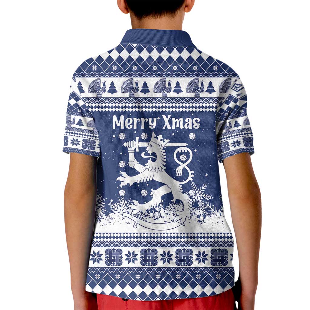 Finland Christmas Hannunvaakuna Kid Polo Shirt Hyvaa Joulua Nordic Snow Lion Blue Version - Wonder Print Shop