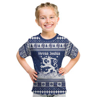 Finland Christmas Hannunvaakuna Kid T Shirt Hyvaa Joulua Nordic Snow Lion Blue Version - Wonder Print Shop