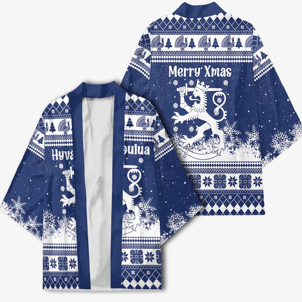Finland Christmas Hannunvaakuna Kimono Hyvaa Joulua Nordic Snow Lion Blue Version - Wonder Print Shop
