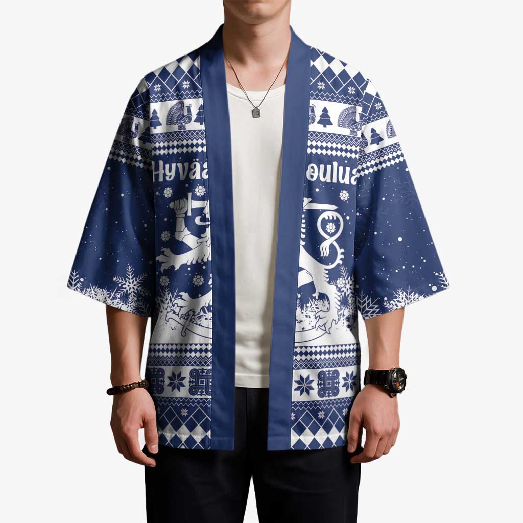 Finland Christmas Hannunvaakuna Kimono Hyvaa Joulua Nordic Snow Lion Blue Version - Wonder Print Shop