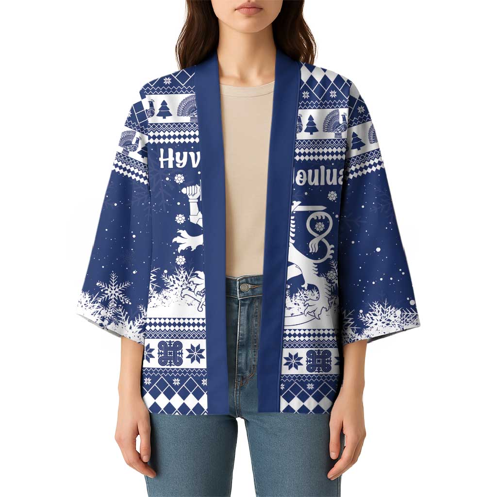 Finland Christmas Hannunvaakuna Kimono Hyvaa Joulua Nordic Snow Lion Blue Version - Wonder Print Shop
