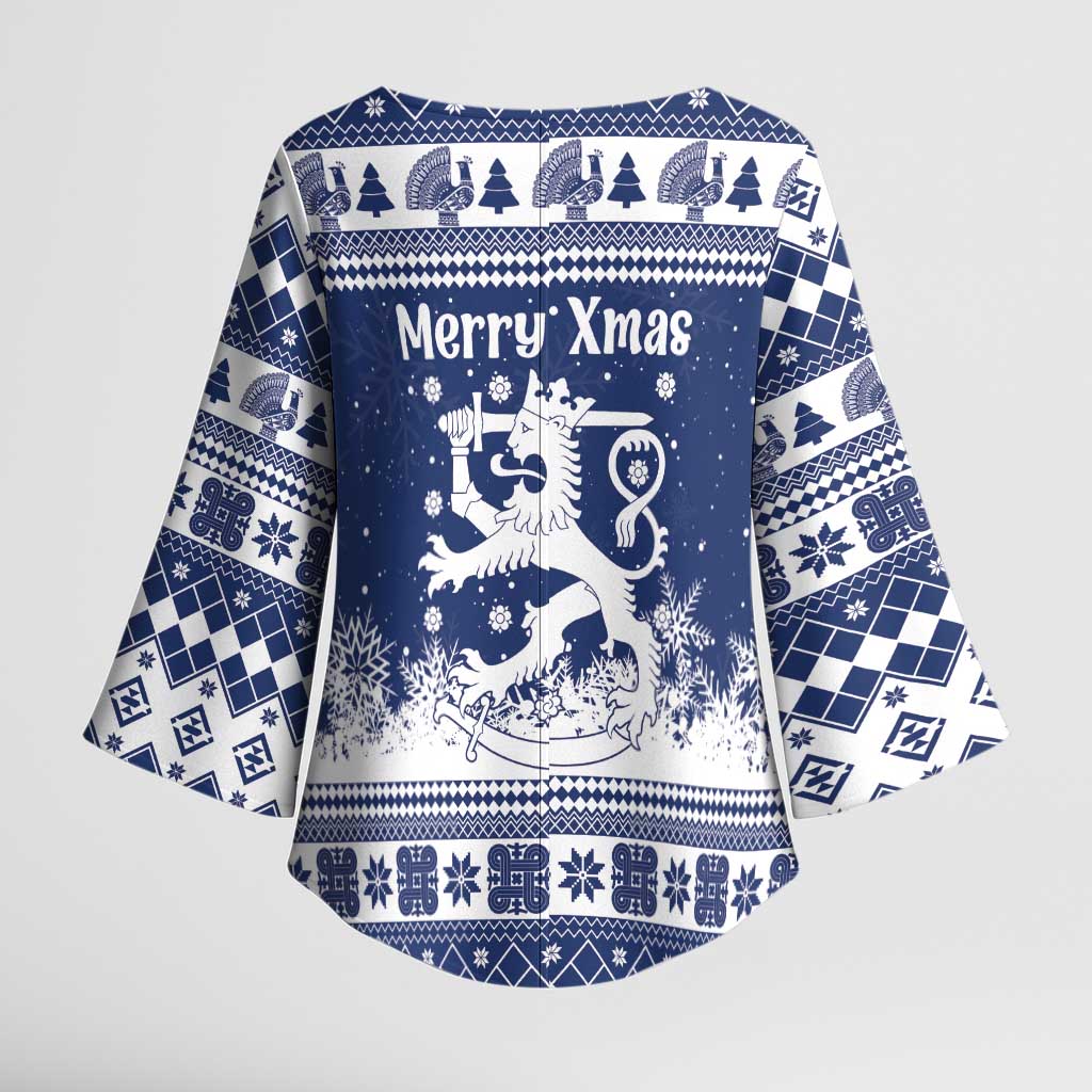 Finland Christmas Hannunvaakuna Kimono Sleeve Blouse Hyvaa Joulua Nordic Snow Lion Blue Version - Wonder Print Shop