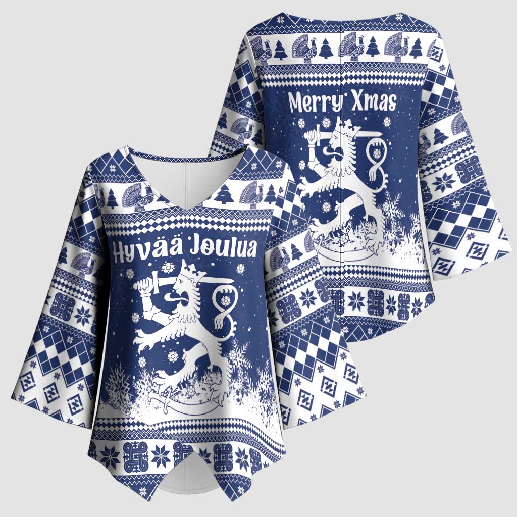 Finland Christmas Hannunvaakuna Kimono Sleeve Blouse Hyvaa Joulua Nordic Snow Lion Blue Version - Wonder Print Shop