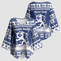 Finland Christmas Hannunvaakuna Kimono Sleeve Blouse Hyvaa Joulua Nordic Snow Lion Blue Version - Wonder Print Shop