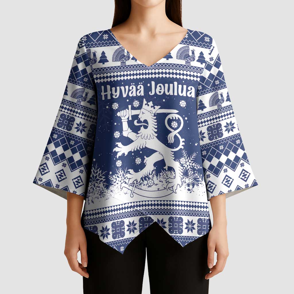 Finland Christmas Hannunvaakuna Kimono Sleeve Blouse Hyvaa Joulua Nordic Snow Lion Blue Version - Wonder Print Shop