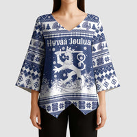 Finland Christmas Hannunvaakuna Kimono Sleeve Blouse Hyvaa Joulua Nordic Snow Lion Blue Version - Wonder Print Shop