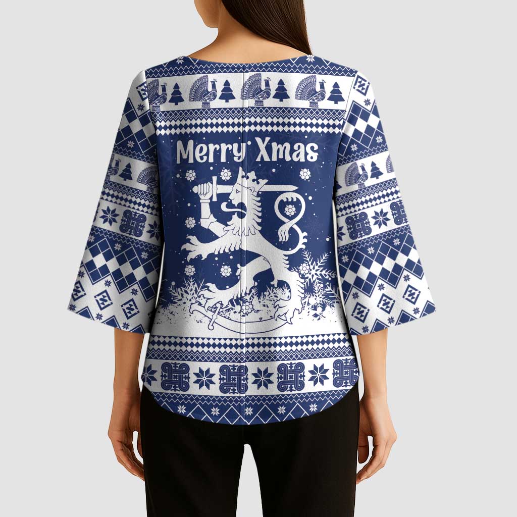 Finland Christmas Hannunvaakuna Kimono Sleeve Blouse Hyvaa Joulua Nordic Snow Lion Blue Version - Wonder Print Shop