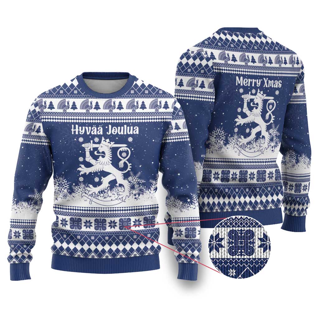 Finland Christmas Hannunvaakuna Ugly Christmas Sweater Hyvaa Joulua Nordic Snow Lion Blue Version - Wonder Print Shop