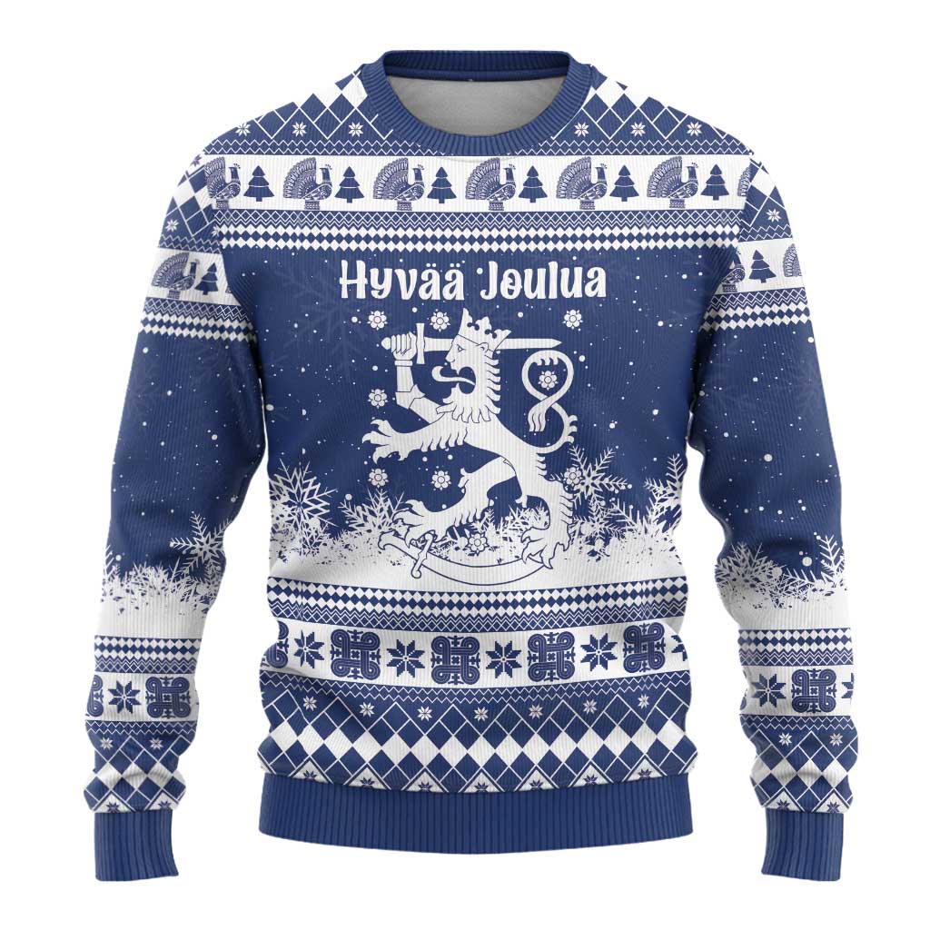 Finland Christmas Hannunvaakuna Ugly Christmas Sweater Hyvaa Joulua Nordic Snow Lion Blue Version - Wonder Print Shop