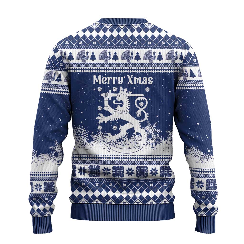 Finland Christmas Hannunvaakuna Ugly Christmas Sweater Hyvaa Joulua Nordic Snow Lion Blue Version - Wonder Print Shop