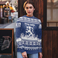 Finland Christmas Hannunvaakuna Ugly Christmas Sweater Hyvaa Joulua Nordic Snow Lion Blue Version - Wonder Print Shop