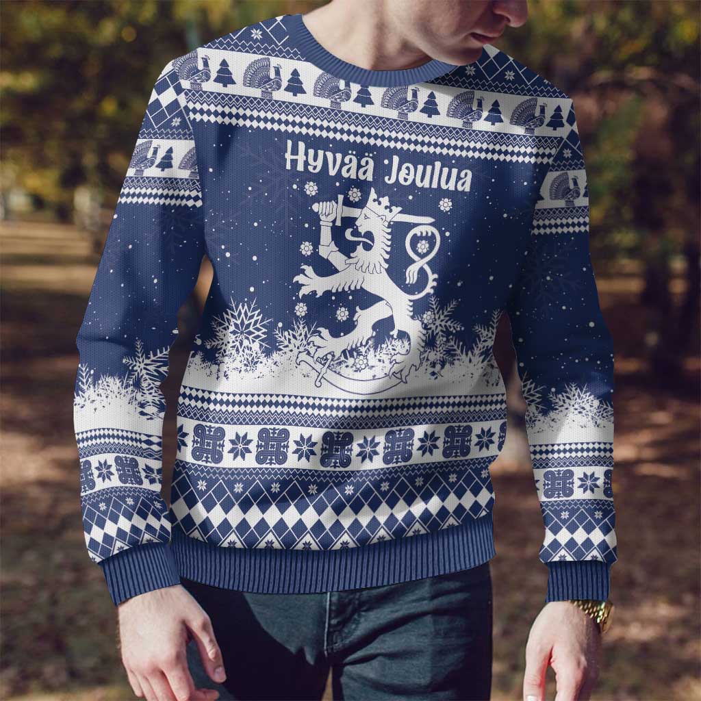 Finland Christmas Hannunvaakuna Ugly Christmas Sweater Hyvaa Joulua Nordic Snow Lion Blue Version - Wonder Print Shop
