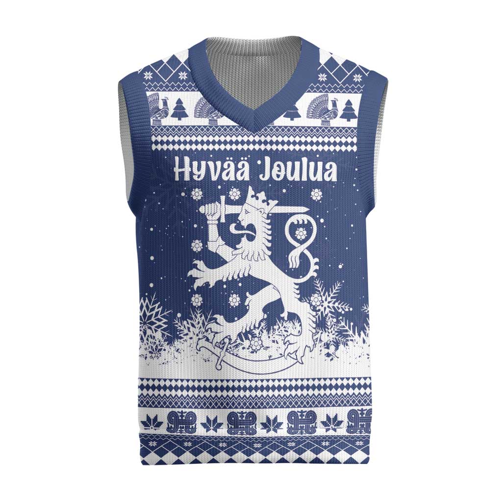 Finland Christmas Hannunvaakuna Christmas Knitted V-Neck Vest Hyvaa Joulua Nordic Snow Lion Blue Version - Wonder Print Shop