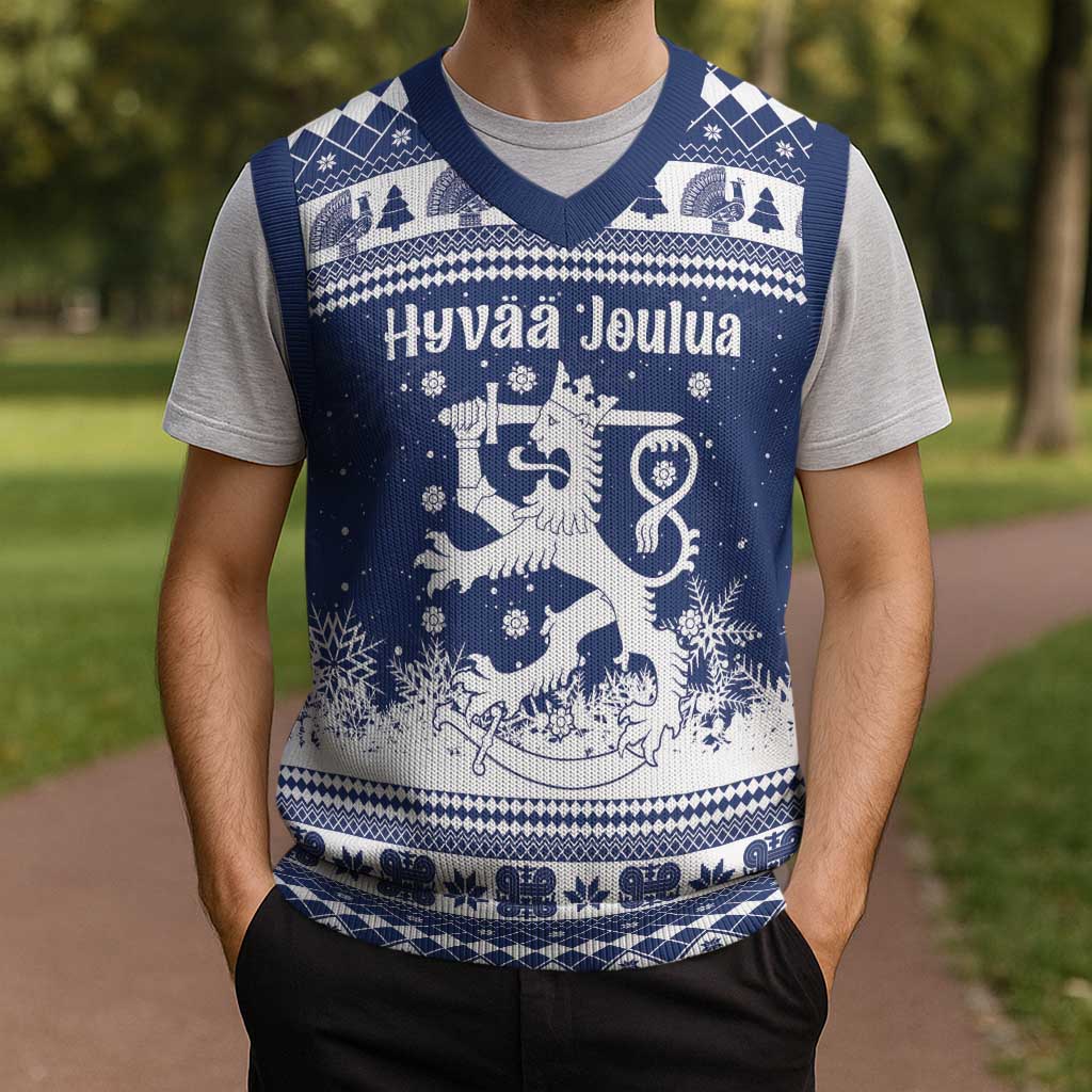 Finland Christmas Hannunvaakuna Christmas Knitted V-Neck Vest Hyvaa Joulua Nordic Snow Lion Blue Version - Wonder Print Shop