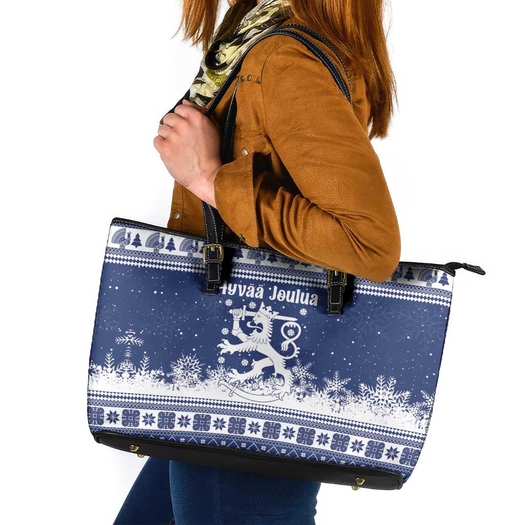 Finland Christmas Hannunvaakuna Leather Tote Bag Hyvaa Joulua Nordic Snow Lion Blue Version - Wonder Print Shop