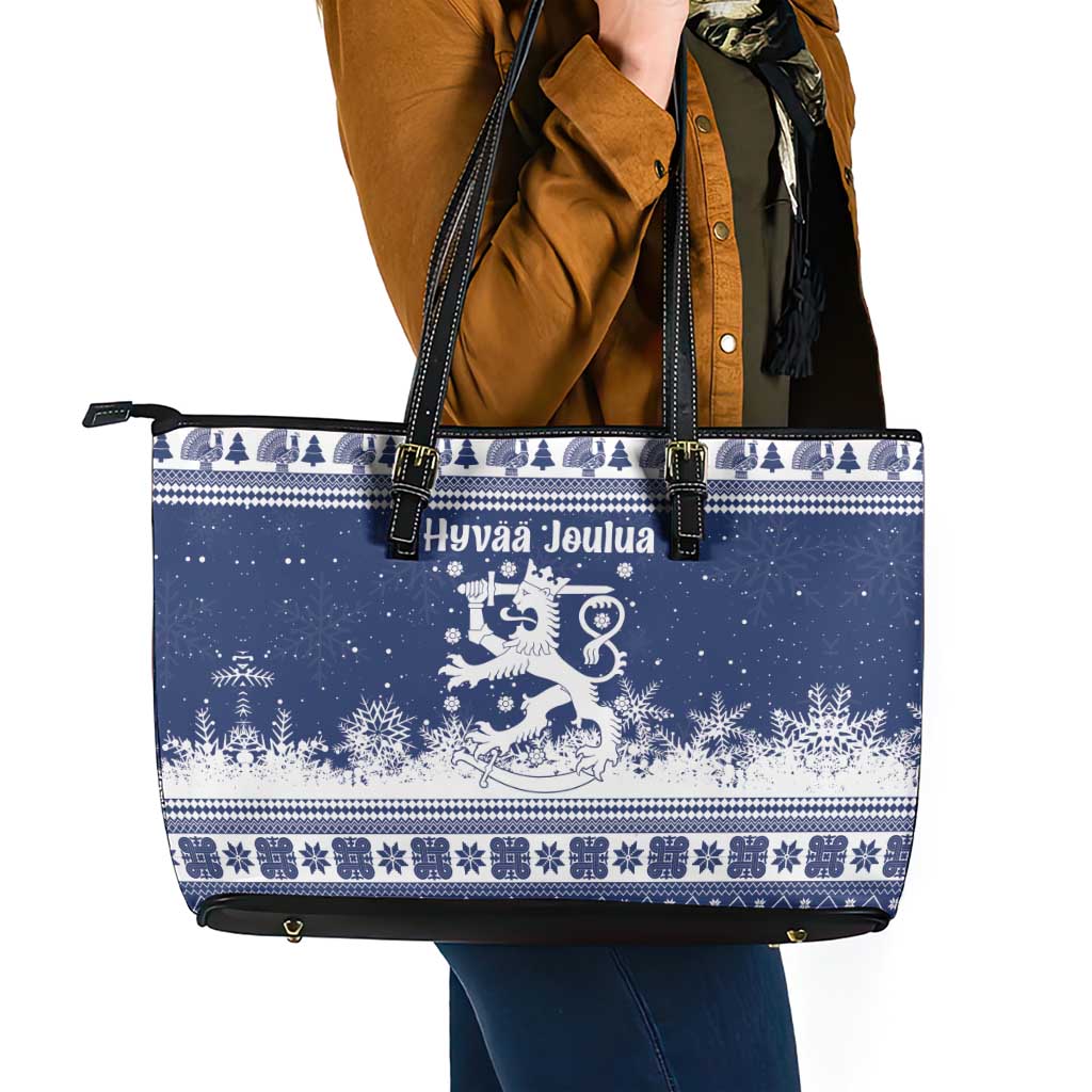 Finland Christmas Hannunvaakuna Leather Tote Bag Hyvaa Joulua Nordic Snow Lion Blue Version - Wonder Print Shop
