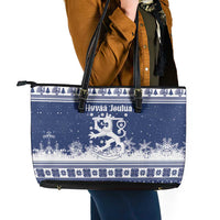 Finland Christmas Hannunvaakuna Leather Tote Bag Hyvaa Joulua Nordic Snow Lion Blue Version - Wonder Print Shop