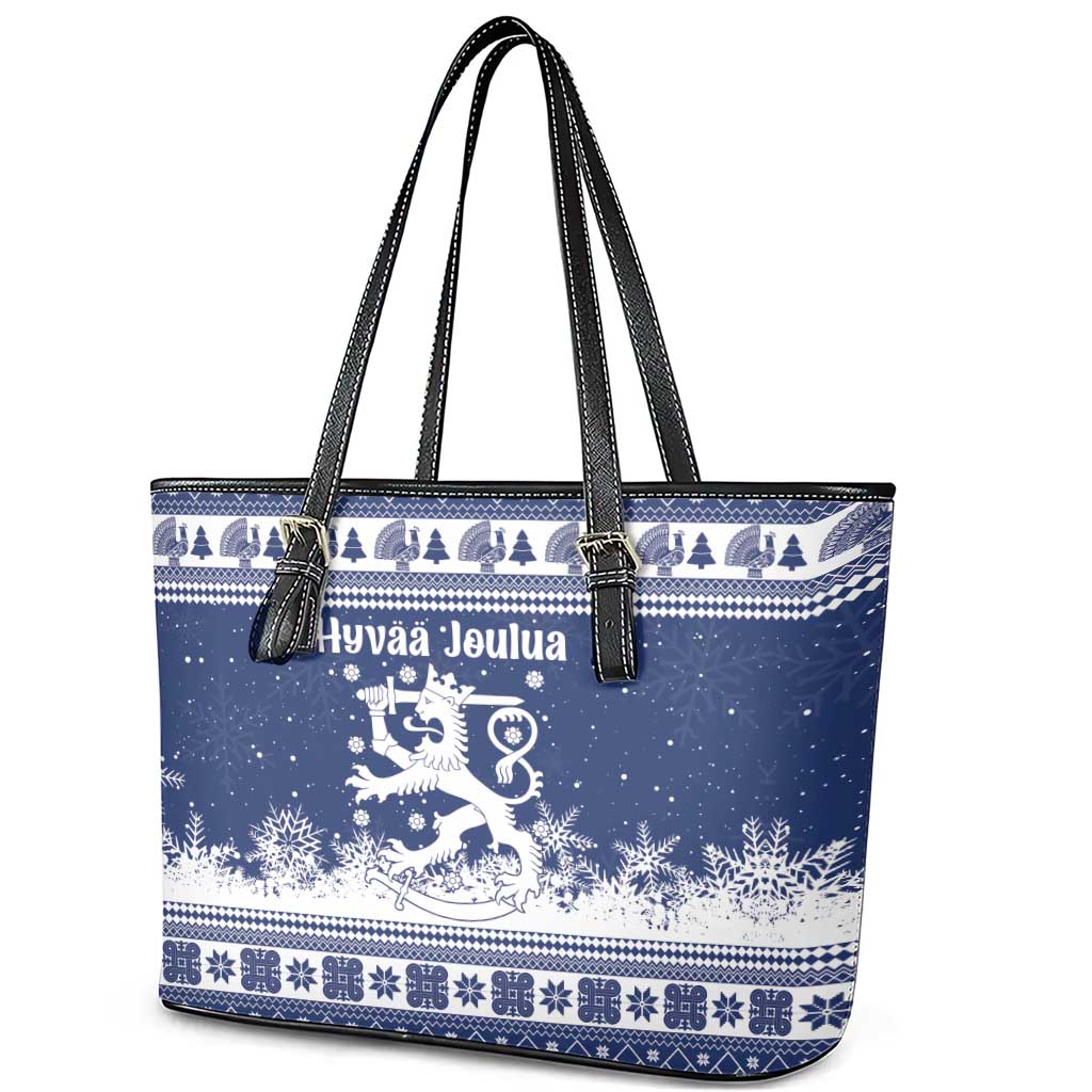 Finland Christmas Hannunvaakuna Leather Tote Bag Hyvaa Joulua Nordic Snow Lion Blue Version - Wonder Print Shop