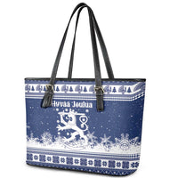 Finland Christmas Hannunvaakuna Leather Tote Bag Hyvaa Joulua Nordic Snow Lion Blue Version - Wonder Print Shop