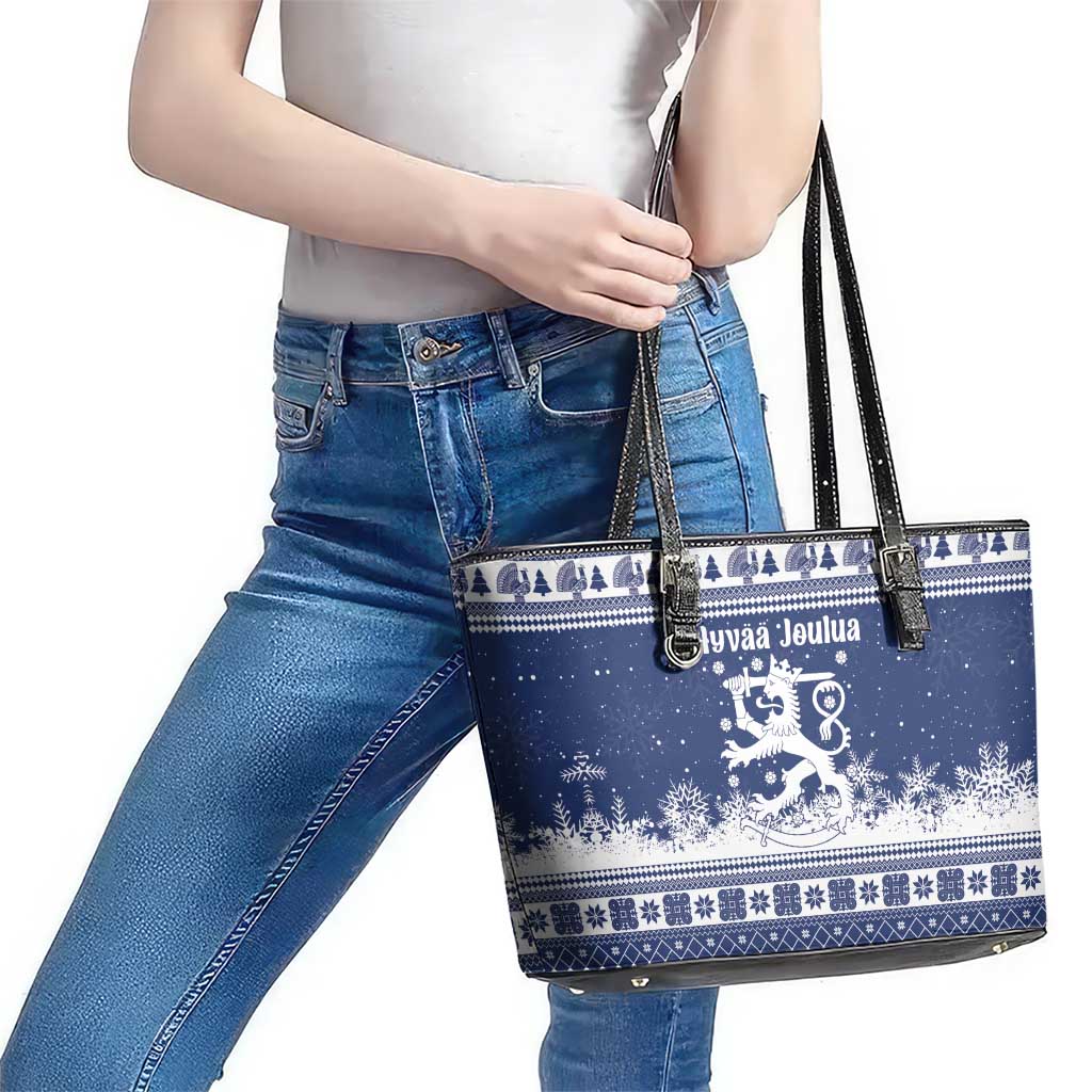Finland Christmas Hannunvaakuna Leather Tote Bag Hyvaa Joulua Nordic Snow Lion Blue Version - Wonder Print Shop