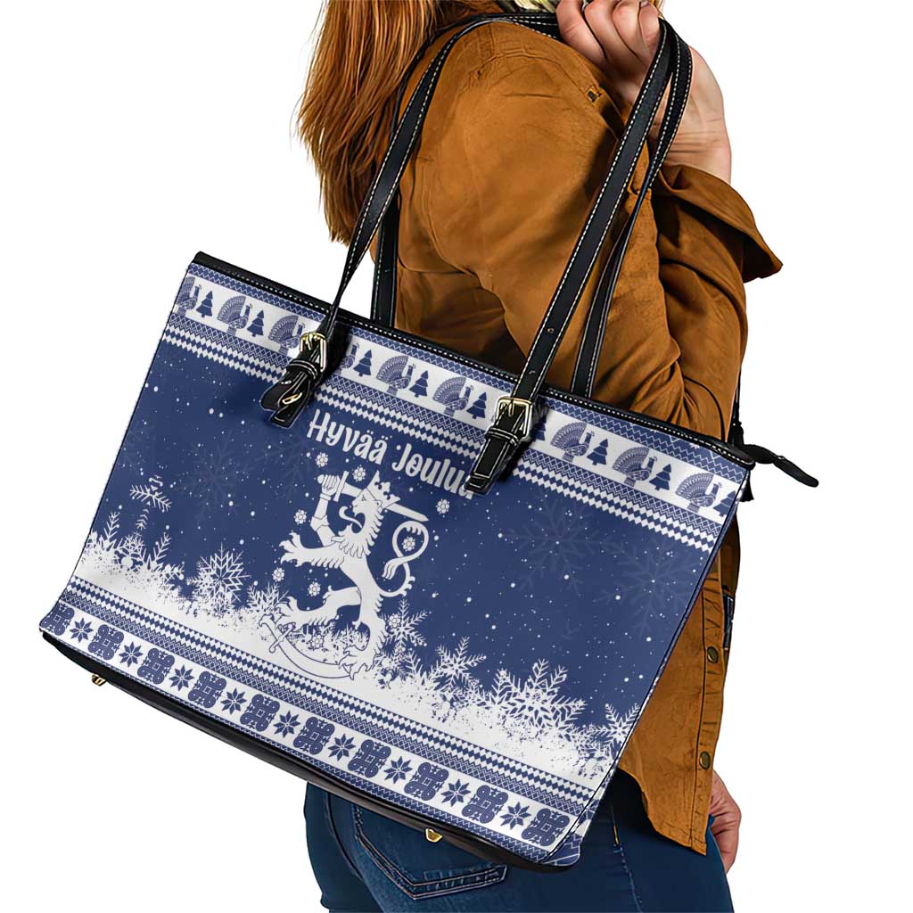 Finland Christmas Hannunvaakuna Leather Tote Bag Hyvaa Joulua Nordic Snow Lion Blue Version - Wonder Print Shop