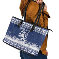 Finland Christmas Hannunvaakuna Leather Tote Bag Hyvaa Joulua Nordic Snow Lion Blue Version - Wonder Print Shop