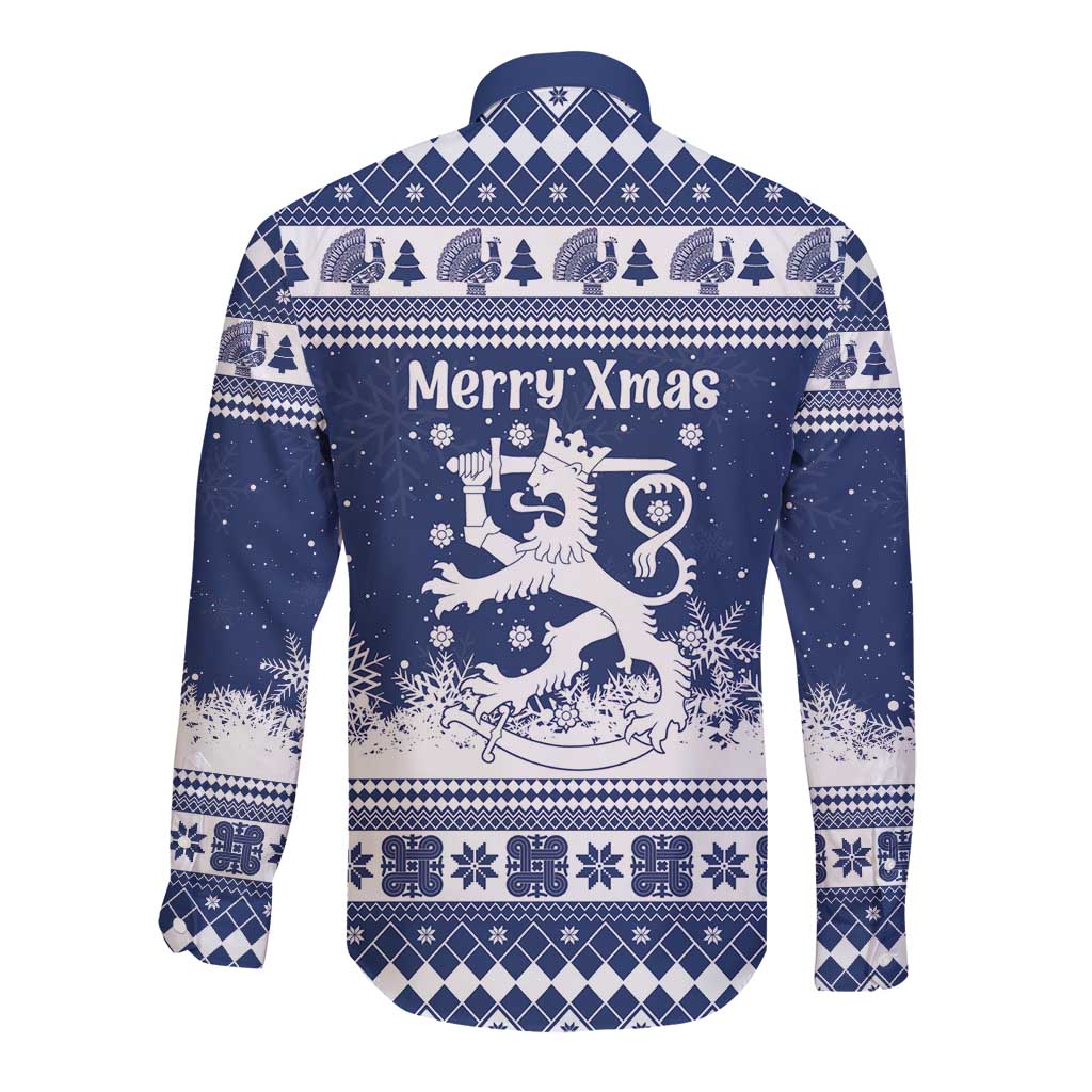 Finland Christmas Hannunvaakuna Long Sleeve Button Shirt Hyvaa Joulua Nordic Snow Lion Blue Version - Wonder Print Shop