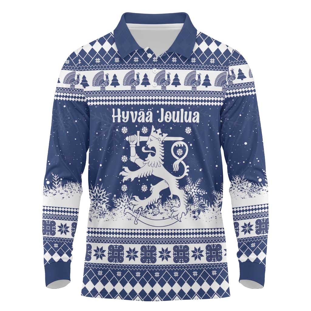 Finland Christmas Hannunvaakuna Long Sleeve Polo Shirt Hyvaa Joulua Nordic Snow Lion Blue Version - Wonder Print Shop